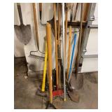 Assorted Yard & Garden Hand Tools Shovels Rakes Hoe Broom Mop