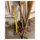 Assorted Yard & Garden Hand Tools Shovels Rakes Hoe Broom Mop