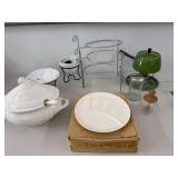 Vintage Fondue Serving Lot Tureen Tiered Rack Pots Divided Dishes