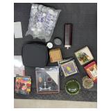 Box Lot of Assorted Small Housewares Decor Candles Flask Barware