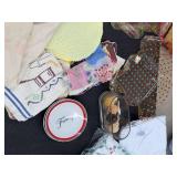 Box Lot of Assorted Holiday Linens Serving Trays Plates Decor