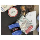 Box Lot of Assorted Holiday Linens Serving Trays Plates Decor