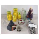 Box Lot of Assorted Art Pottery Glass Bottles Doll Coca-Cola Decor