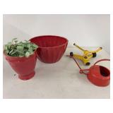 Vintage Garden Decor Lot Red Planters Watering Can Poppy Sprinkler