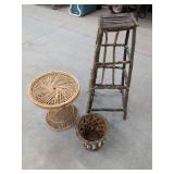 Rustic Twig Plant Stand Wicker Side Table & Basket Decor Set