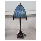 Mission Style Blue Art Glass Table Lamp Pull Chain Metal Base