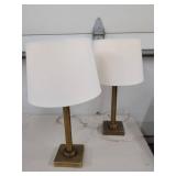 Pair of Modern Brass Tone Table Lamps With White Drum Shades