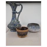Studio Pottery Vase Bowl & Cup Lot Blue Drip Glaze Handmade Ceramic