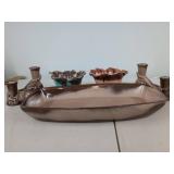 Vintage Drip Glaze Pottery Console Set Tray Bowls & Candle Holders