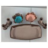 Vintage Drip Glaze Pottery Console Set Tray Bowls & Candle Holders