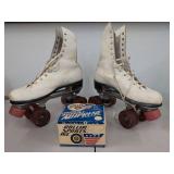 Vintage White Leather Roller Skates Pair w/ Roller Derby Wheels Box