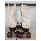 Vintage White Leather Roller Skates Pair w/ Roller Derby Wheels Box
