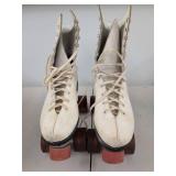 Vintage White Leather Roller Skates Pair w/ Roller Derby Wheels Box