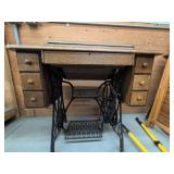 Vintage Singer Oak Treadle Sewing Cabinet w/ Cast Iron Base & Supplies