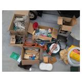 Box Lot of Assorted Hand Tools, Rope, Hardware & Shop Supplies