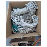 Box Lot of Assorted Hand Tools, Rope, Hardware & Shop Supplies