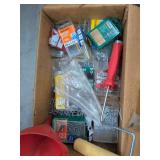 Box Lot of Assorted Hand Tools, Rope, Hardware & Shop Supplies