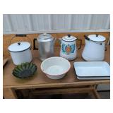 Vintage Enamelware Kitchen Lot Coffee Pots Pans Bowl Canister Dish