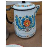 Vintage Enamelware Kitchen Lot Coffee Pots Pans Bowl Canister Dish
