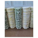 Set of 6 Ceramic Tiki Mugs Green & Yellow Glaze Barware Cups