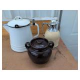 Vintage Kitchenware Lot Enamel Coffee Pot Crock Thermos Carafe