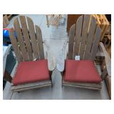Pair of Adirondack Style Wooden Rocking Chairs With Red Cushions