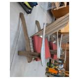 Pair of Adirondack Style Wooden Rocking Chairs With Red Cushions