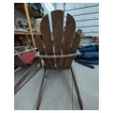Pair of Adirondack Style Wooden Rocking Chairs With Red Cushions