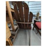 Pair of Adirondack Style Wooden Rocking Chairs With Red Cushions