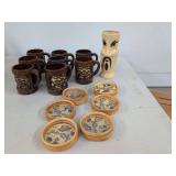 Vintage Tiki Barware Lot Ceramic Mugs Hawaii Coasters Figural Vase