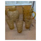 Vintage Amber Glass Beverage Set Textured Tumblers & Pitchers