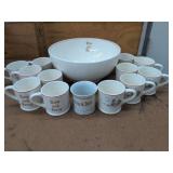Vintage Tom and Jerry Punch Bowl Set Red Rim Milk Glass Mugs