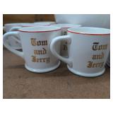 Vintage Tom and Jerry Punch Bowl Set Red Rim Milk Glass Mugs