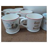 Vintage Tom and Jerry Punch Bowl Set Red Rim Milk Glass Mugs