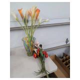 Art Glass Vase with Faux Calla Lilies & Mixed Artificial Flowers