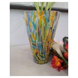 Art Glass Vase with Faux Calla Lilies & Mixed Artificial Flowers
