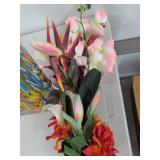 Art Glass Vase with Faux Calla Lilies & Mixed Artificial Flowers