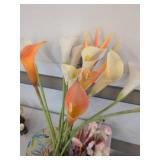 Art Glass Vase with Faux Calla Lilies & Mixed Artificial Flowers