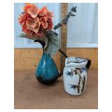 Blue Handled Vase with Faux Hydrangea & Bamboo Motif Ceramic Pitcher