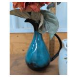 Blue Handled Vase with Faux Hydrangea & Bamboo Motif Ceramic Pitcher