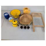 Lot of Vintage Kitchenware Enamelware Washboard Fiesta-Style Pitcher