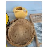 Lot of Vintage Kitchenware Enamelware Washboard Fiesta-Style Pitcher