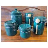 Green Canisters (5) 2 have Wooden Spoons