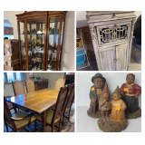 Vintage Furniture, Collectibles, Timothy Wolf Cairn Sculpture, Vintage Milk Bottles and Books 