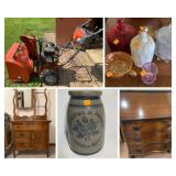 Husqvarna Snowblower, Decorated Stoneware, Furniture, Glassware 