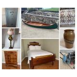 Canoe, Gun Safe, Antique Furniture, Tools    