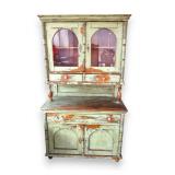 338-1 Antique 2pc Original Green Paint Stepback Cupboard www.SouthJerseyAuction.com