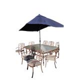 Lot 638:  12pc glass top cast aluminum patio set with umbrella www.SouthJerseyAuction.com