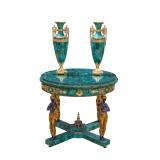 Lot #208 Gilded Bronze & Malachite Table with Pair of Vases