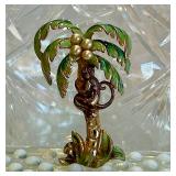 Coro Enamel Monkey in Palm Tree Faux Pearl Brooch Pin 